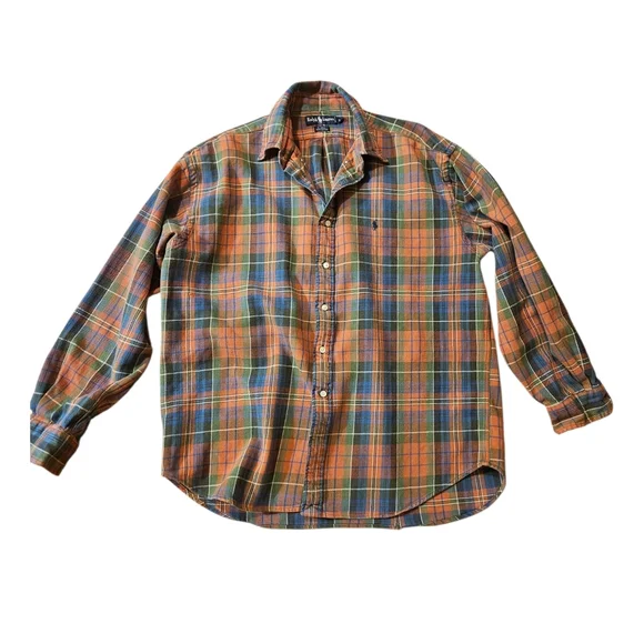 Ralph Lauren Blue Orange & Green Plaid Cotton Button-Down Sz XL - Picture 1 of 4